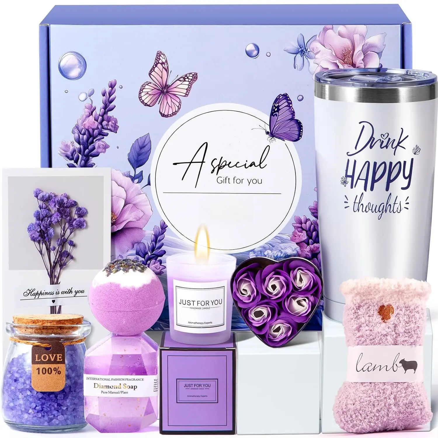 Birthday and Get Well Gifts for Women - Relaxing Care Package With 20 oz Tumbler, Thinking of You  Relaxing  Set,  Self Care  Basket for Mom, Wife,  - Lavender