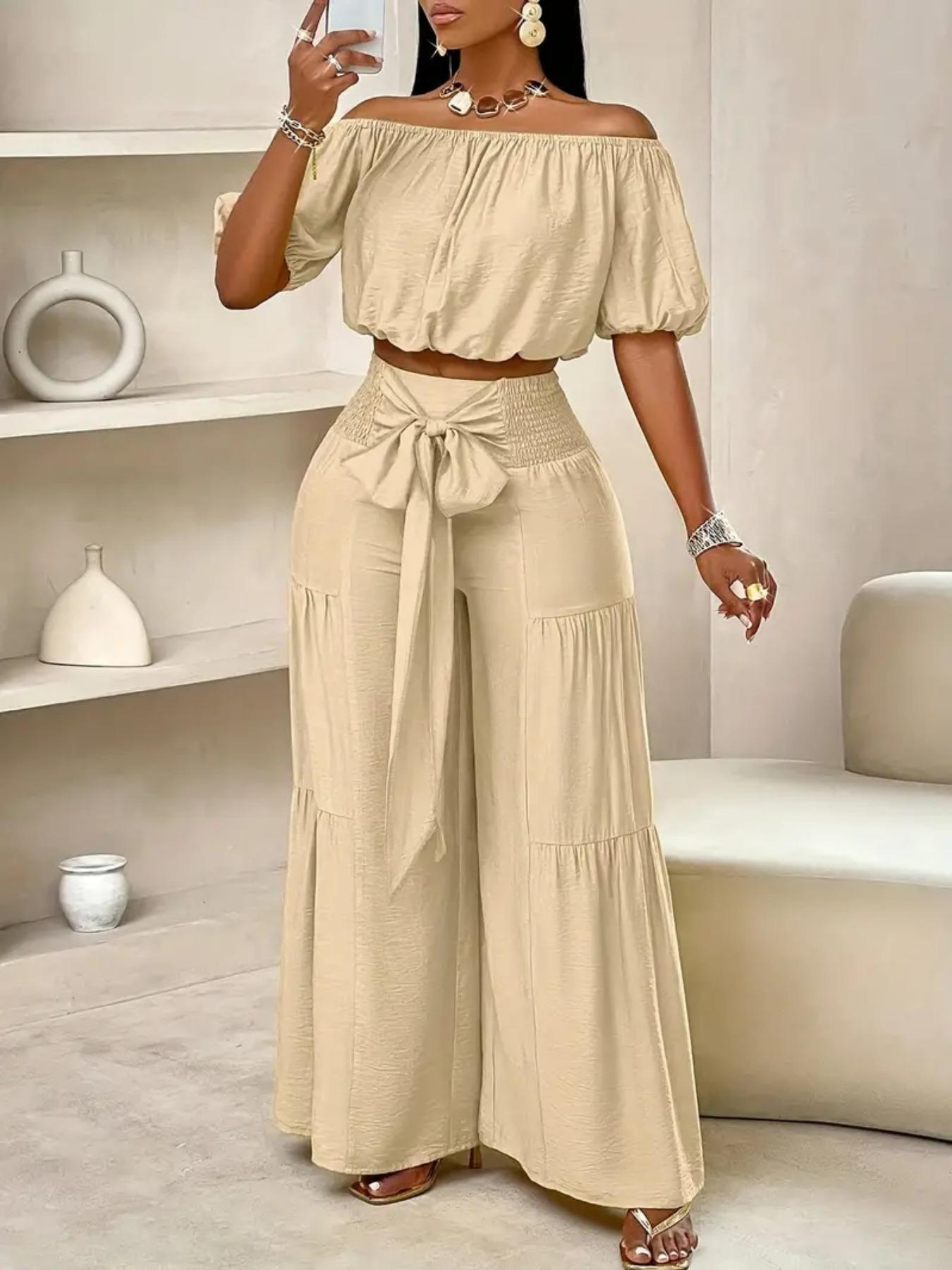 Women's Solid Off Shoulder Crop Top & Wide Leg Pants Set, Casual Breathable Lightweight Fashion Cozy Baggy Top & Trousers for Daily Outdoor Wear, Ladies Clothes for Summer, Womenswear, Two Piece Outfits for Women