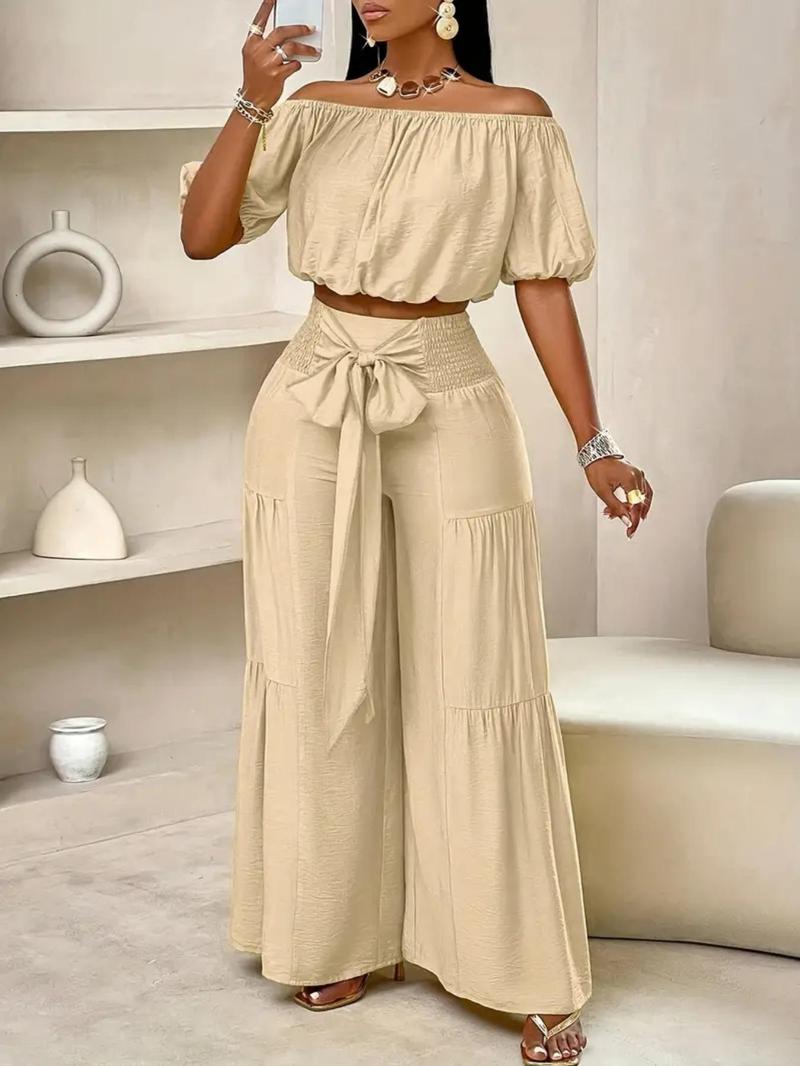 Women's Solid Off Shoulder Crop Top & Wide Leg Pants Set, Casual Breathable Fashion Cozy Baggy Top & Trousers for Daily Outdoor Wear, Ladies Clothes for Summer, Womenswear, Two Piece Outfits for Women