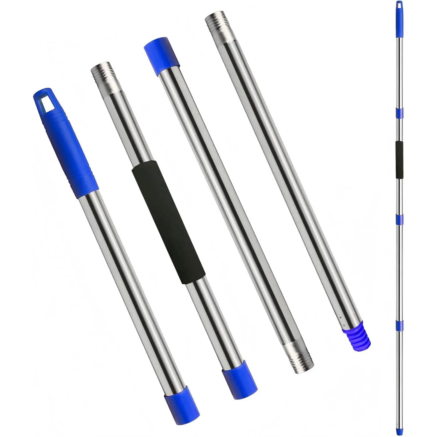 Mop Handle Replacement - 4-Section Adjustable from 30" to 58" - Durable Stainless Steel Mop Pole with American Thread Joint for Spin Mops & Brooms (Blue)