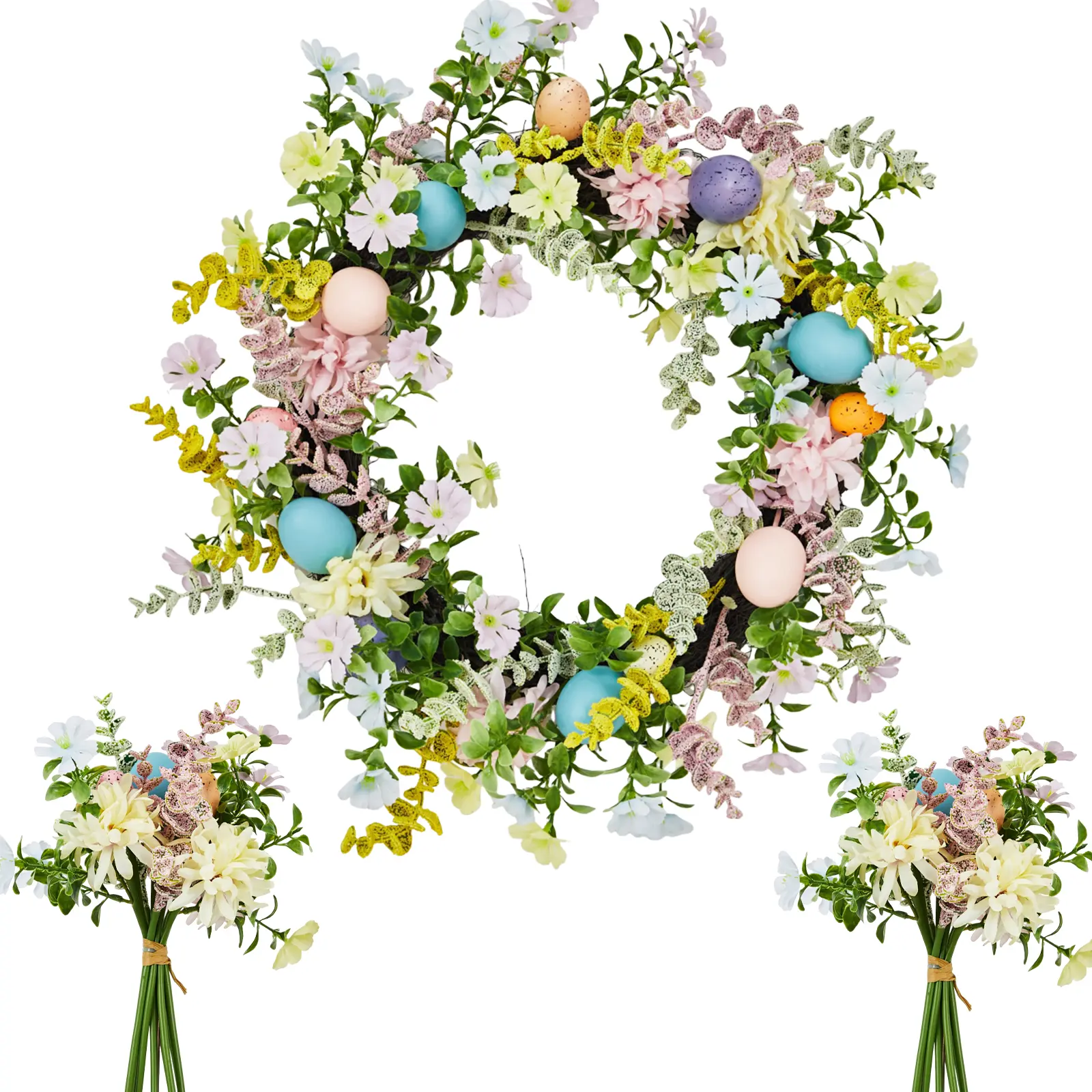 Colorful Easter Egg Wreath for Front Door – Artificial Spring Floral Wreath with Lush Greenery, Real Rattan Base, Includes 2 Matching Bouquets