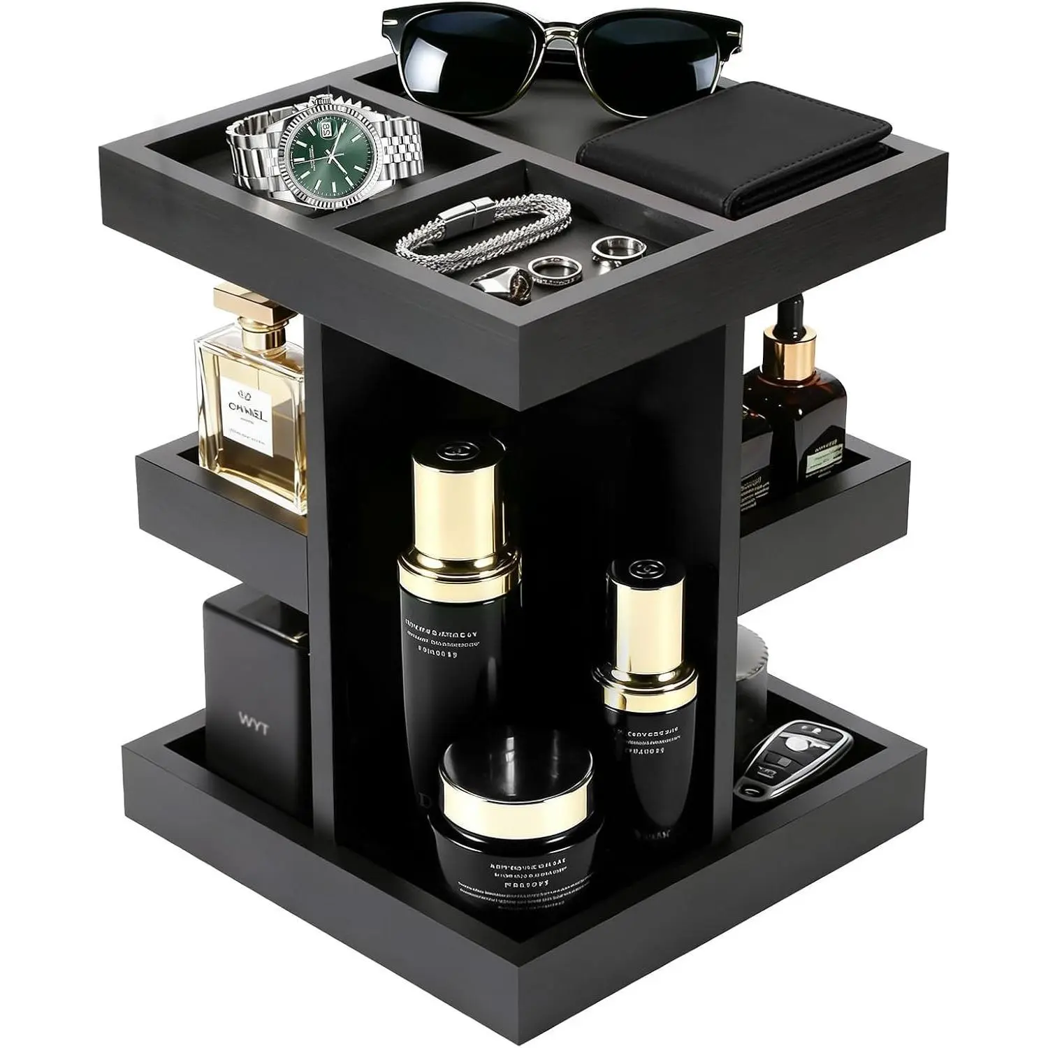Black Cologne Organizer for Men, Cologne Rack Stand with 360° Rotate, 3 Tier Wooden Perfume Shelf, For Dad Husband Boyfriend Birthday Valentine's Day Gifts