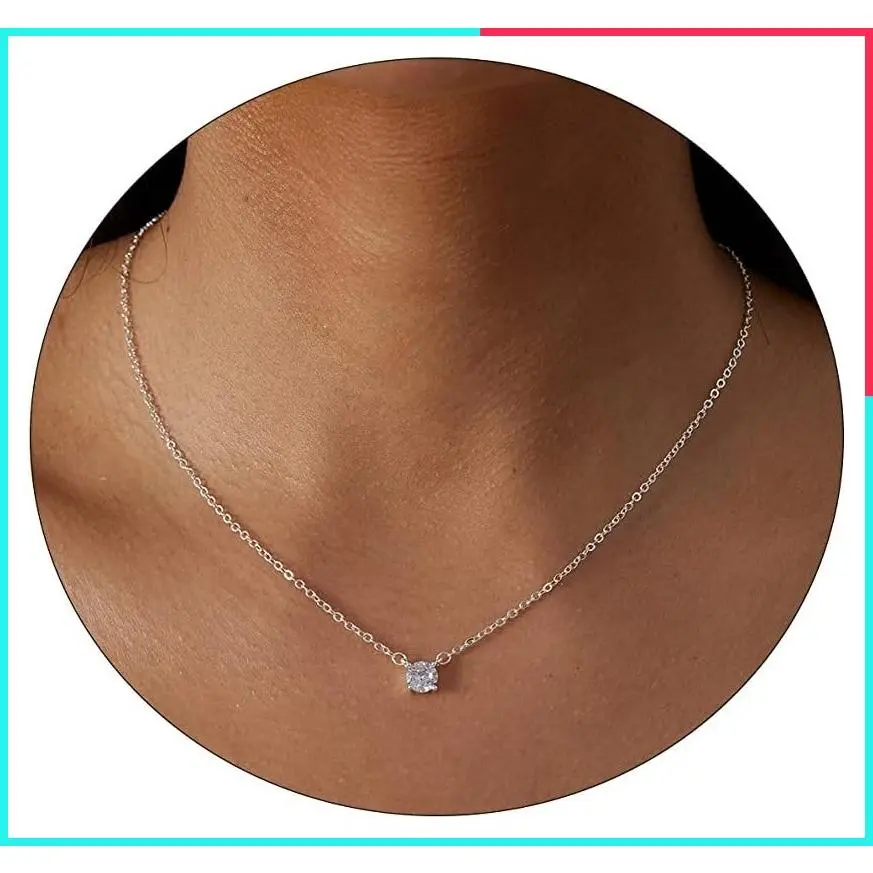 Dainty 14K Gold Plated CZ Square Simulated Diamond Solitaire Pendant Choker Necklace for Her - Bride Bridesmaid Wedding Jewelry Gift