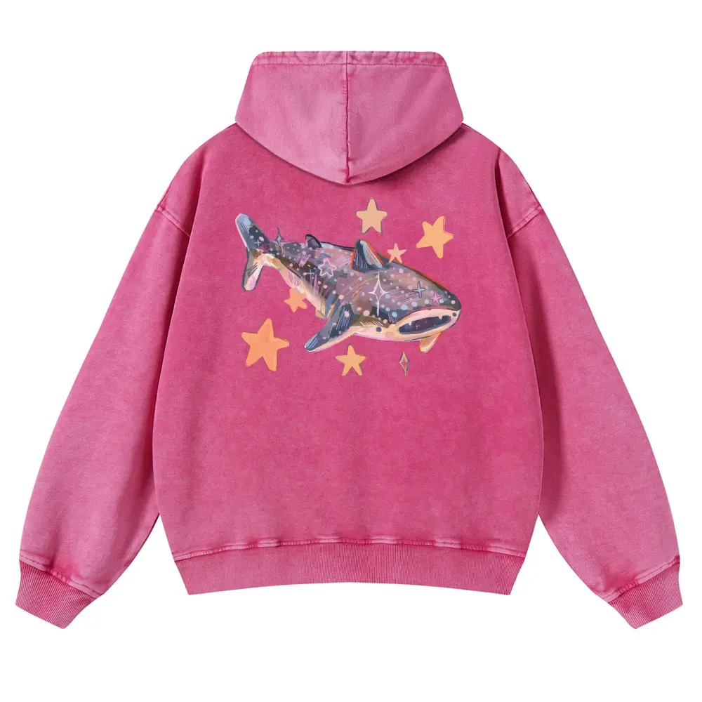 Unisex Dreamy Ocean, Whale Sharks, Starfish and Starlight Graphic Washed hoodie Personalized Pattern Y2k Clothing Round Neck Washed hoodie,Women's Clothing 100% Cotton, Menswear, Top, Vintage Style,Summer Casual Oversized