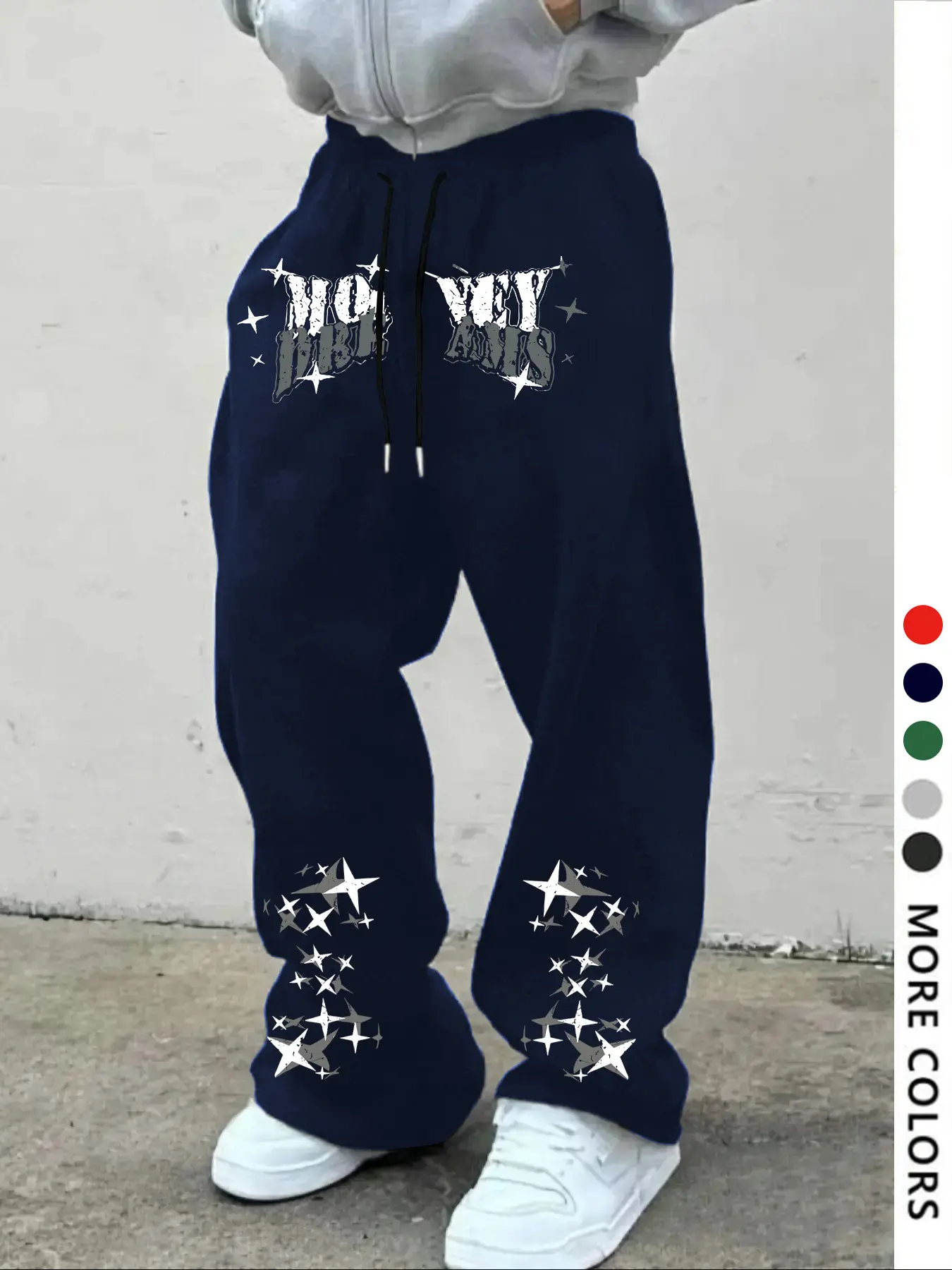 Men's Casual Sporty Long Pants, Letter & Star Print Drawstring Wide Leg Joggers, Loose Fit All Season Men's Clothing, Athleisure Style Bottoms