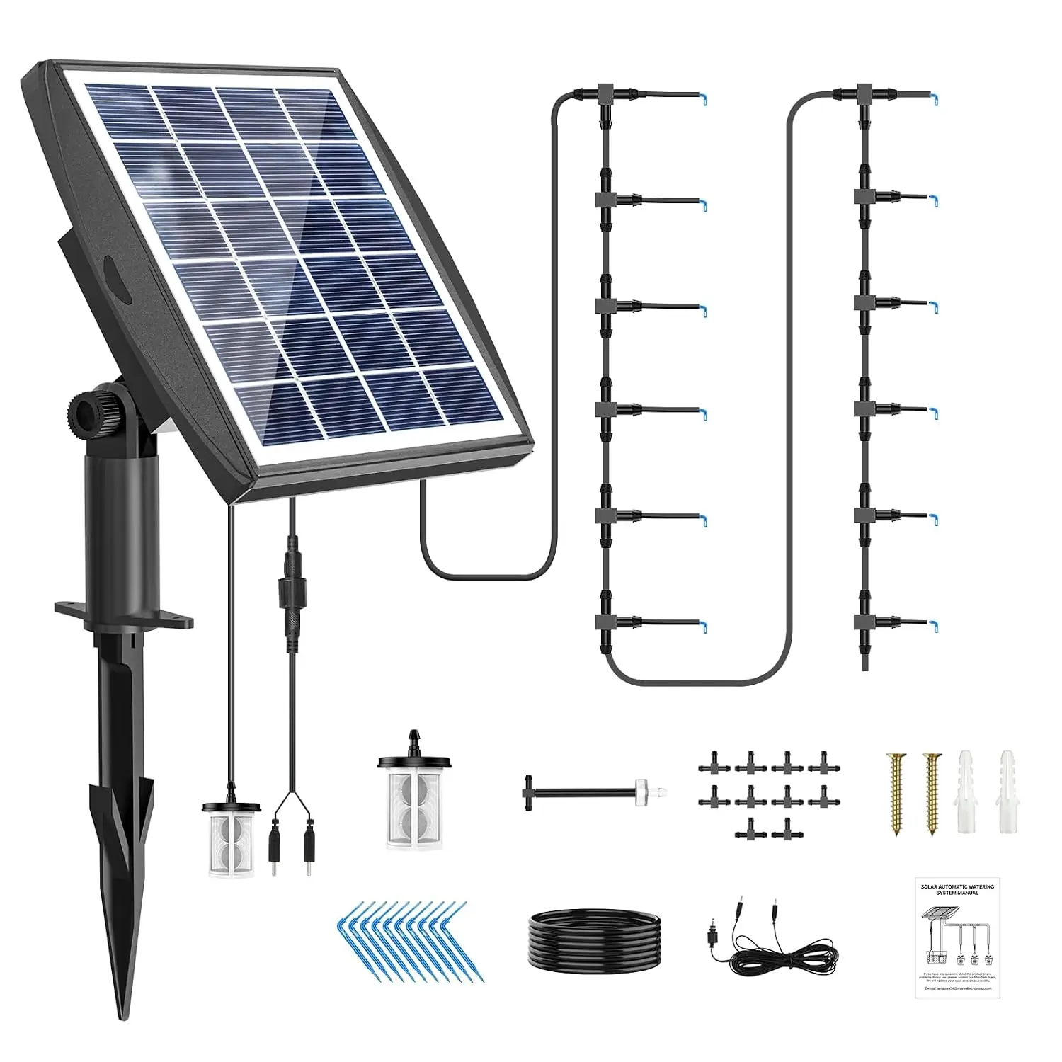 Solar Automatic Drip Irrigation Kit System, Solar Powered Auto Easy DIY Watering Device Supported Pots Plants, 6 Timing Modes with Anti-Siphoning Device (Supported 10 Pots, 6Timing Modes)