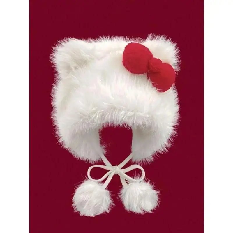 2026 New Women’s Cute Cat Ear Plush Beanie With Pom Pom And Bowknot Decor, Soft Loose One Size Warm Winter Hat, Whimsical Teen Girl Accessory For Outdoor Sports Daily Wear And Back To School Gifting