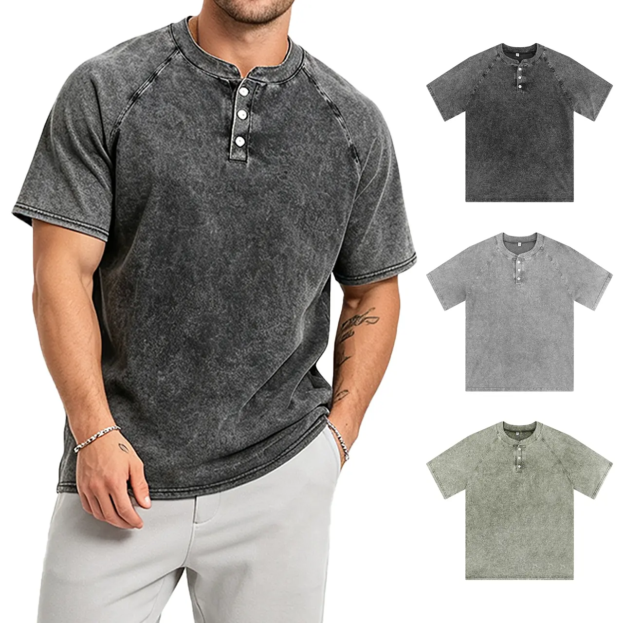 Men's Vintage Washed Henley Short-Sleeve Top - 1/3 Pack, Button Placket Detailing, Relaxed Fit, Casual Wear T-Shirt for Everyday Menswear