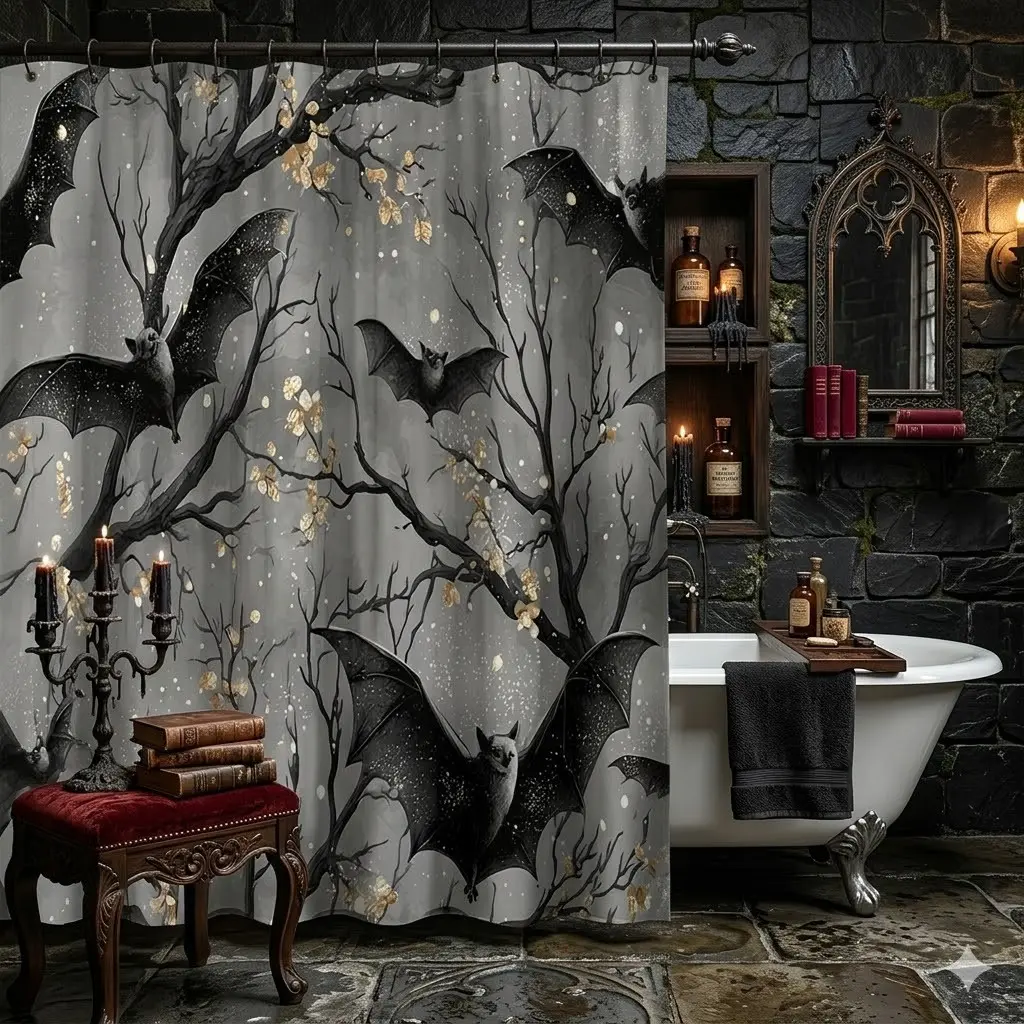 1pcs Dark Gothic Bat Shower Curtain, Night Sky Golden Glitter Leaf Print, Spooky Vintage Bath Screen, Bathroom Decor, Halloween Moody Home Decor