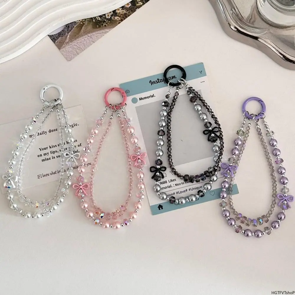 Double Strand Sparkly Crystal Bow Beaded Phone Charm Wrist Strap, Anti-Lost Detachable Lanyard with Universal Invisible Tether Tab Patch, Multi-Purpose Decor Accessory Compatible with All Smartphones & Cell Phones, Trendy Daily Outfit Matching Phone Jewel