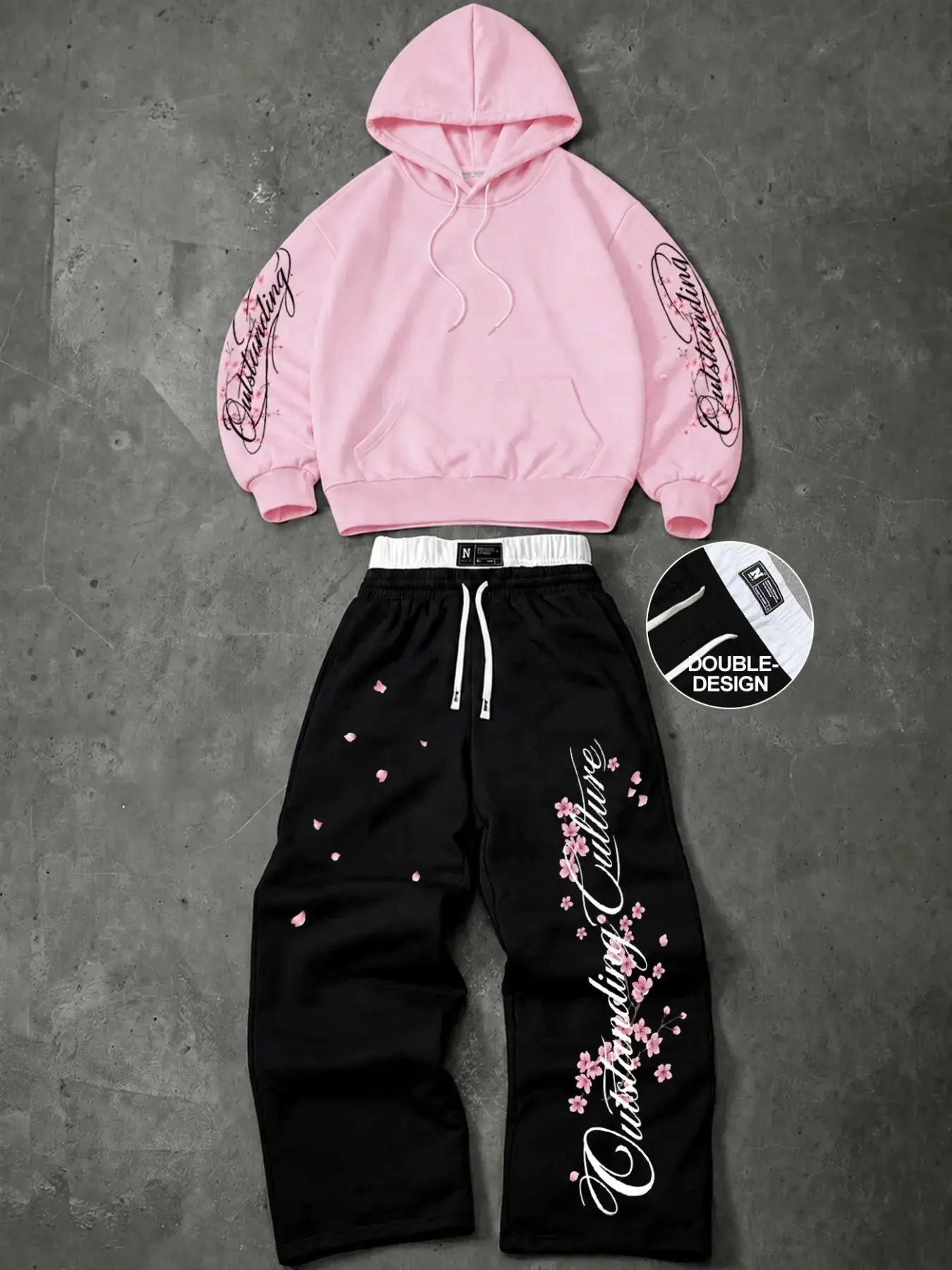 Men's 2 Piece Tracksuit Set, Pink Hoodie with Cherry Blossom Letter Print & Black Wide Leg Sweatpants, Double Waistband Design, Y2K Streetwear Matching Outfit