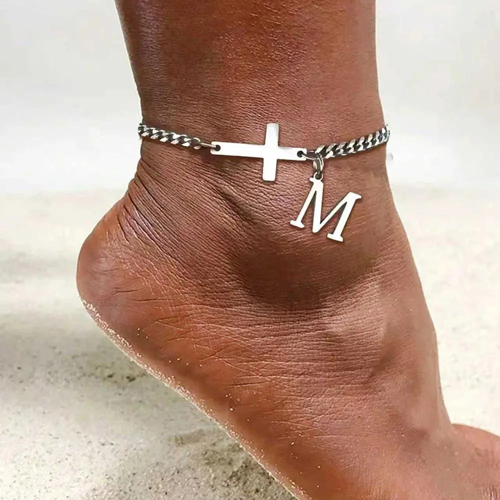 Dainty Minimalist Initial Anklet for Women - Chic A-Z Letter Pendant with Faith Cross Accent, Versatile Foot Chain Jewelry, Personalized Foot Accessory, Perfect for Daily Beach Wear, Summer Vacation & Birthday Gift