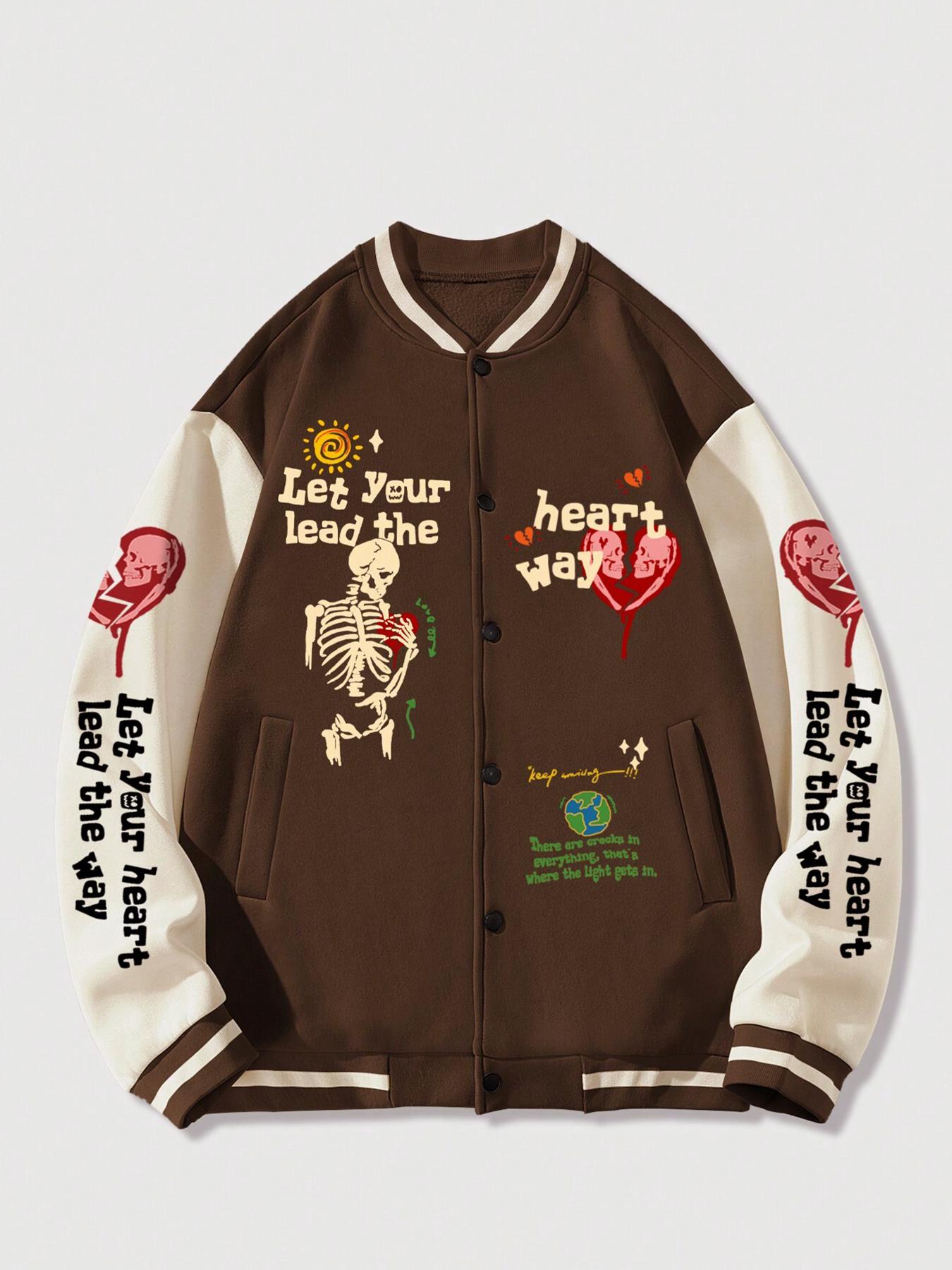 Men's Colorblock Letter & Skeleton Print Baseball Collar Jacket, Loose Casual Fashion Comfy Outerwear for Daily Outdoor Wear, Men Cloths for Fall & Winter