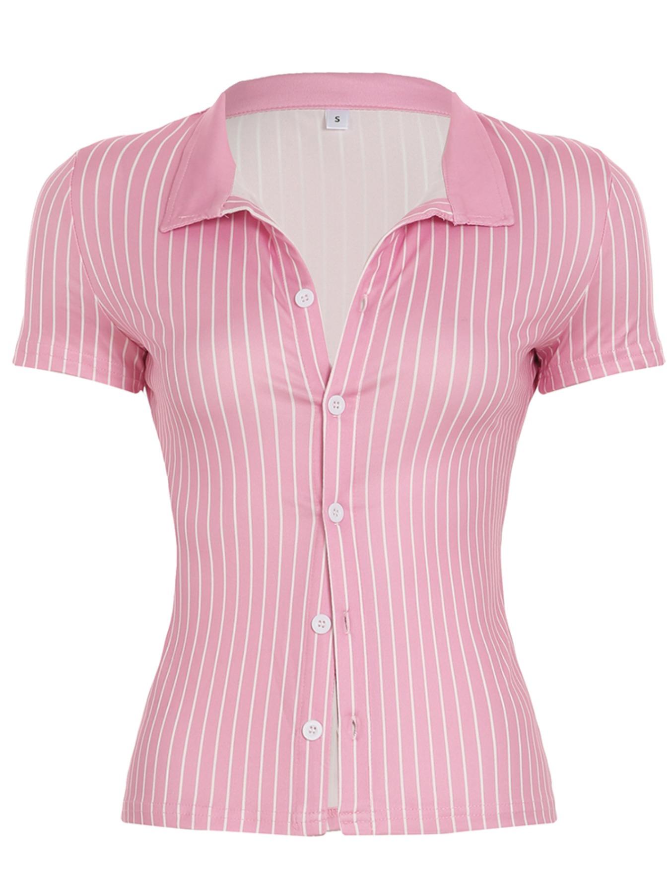 Women's Striped Print Button Front Blouse, Casual Slim-fitting Short Sleeve Button Collared Shirt for Summer, Ladies Clothes for Daily Wear