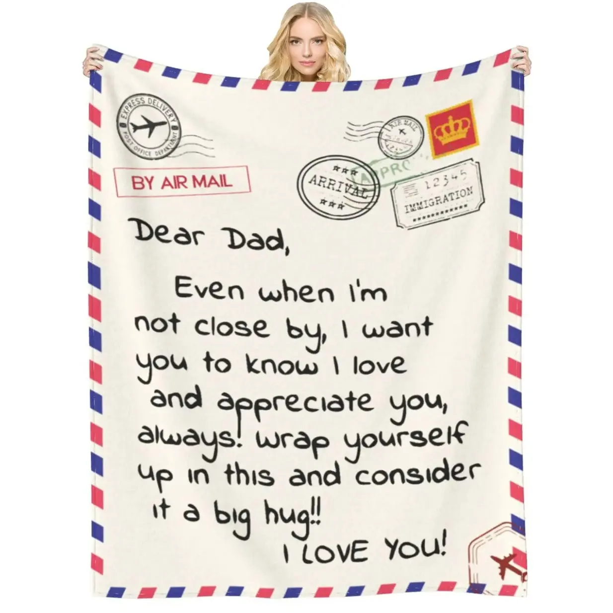 2026 Father’s Day Air Mail Letters Print Pattern Glam Flannel Fleece Throw Blanket - Soft, Warm, Wrinkle-Resistant, Stain-Resistant for Sofa, Bed - Sentimental Gift for Dad from Daughter Son for Birthday, Christmas, Thanksgiving