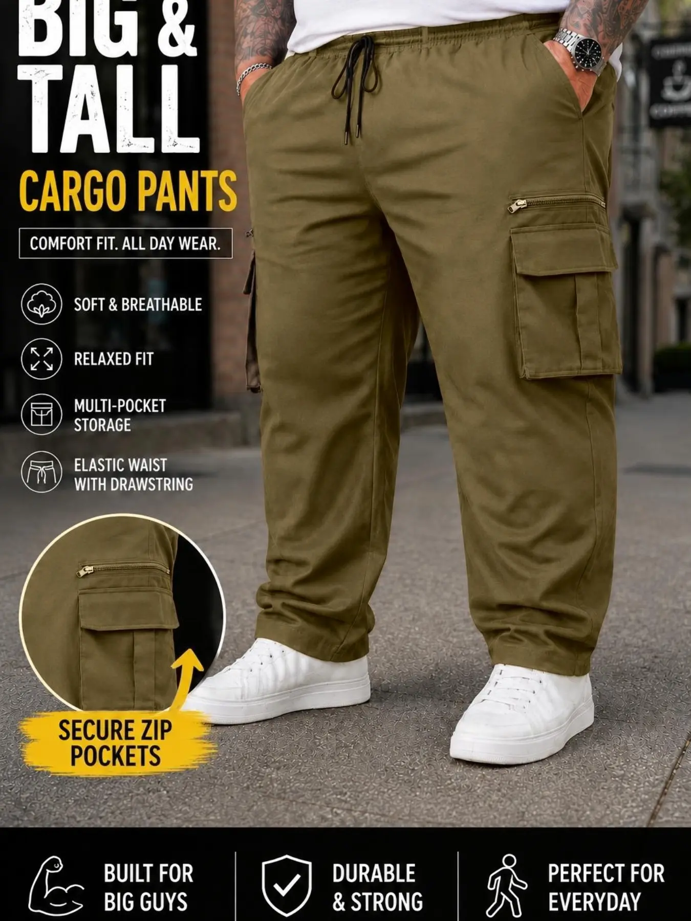 Men's Plus Size Casual Straight Leg Cargo Trouser Pants with Multiple Pockets, Comfortable & Durable for Daily Wear & Outdoor Activities
