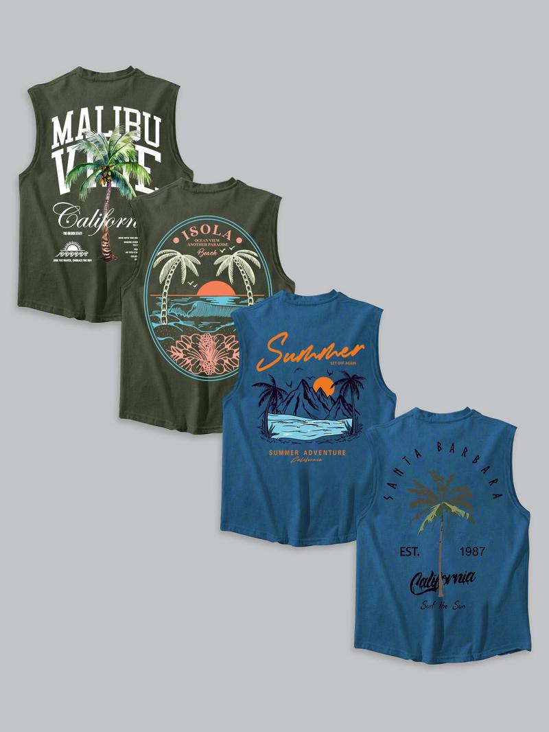 Men's Letter & Tropical Print Round Neck Tank Top, Regular Fit Casual Sleeveless Crew Neck Vest for Summer, Men's Top for Daily Wear, Sleeveless Tank Tops