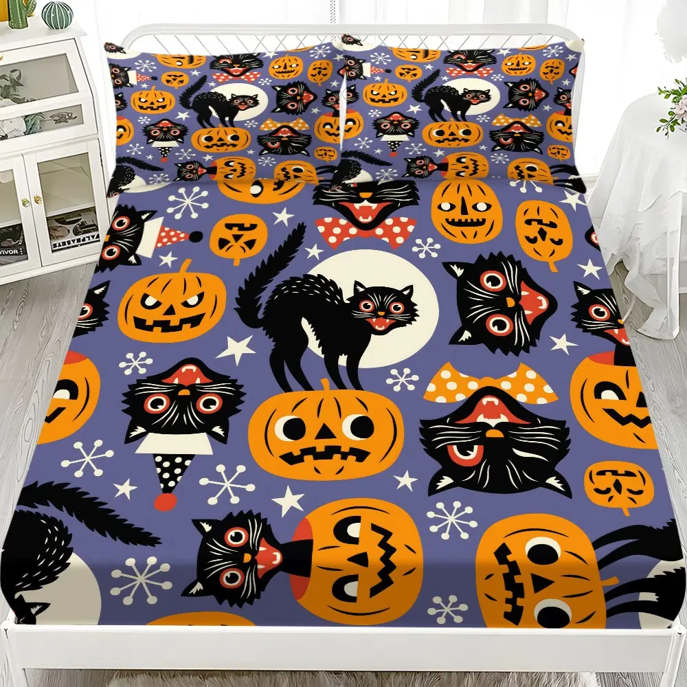 Vintage Halloween Cat Pumpkin Bed Sheet Set, 1 Mattress Cover + 2 Pillowcases, Deep All-Over High Elasticity, Base