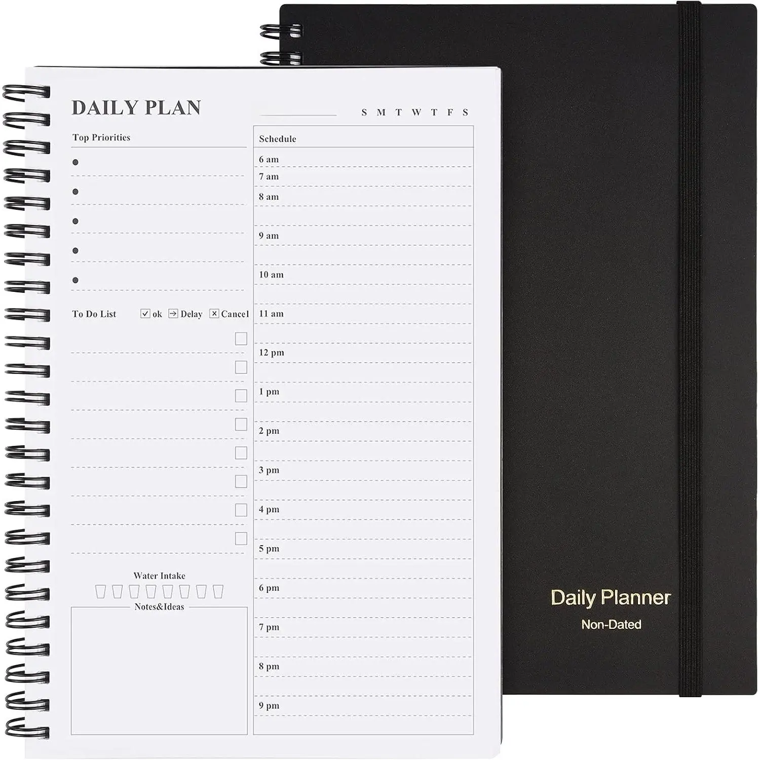 Daily Planner Undated:   Notebook Day Planners (A5, Black) | Spiral Hourly Planner Appointment Schedule Planner for Men and Women,PVC Hardcover,Elastic Closure, Inner Pocket 8.3" x 5.8"