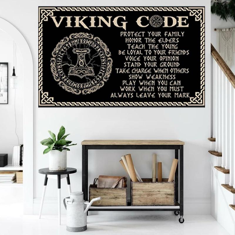 Viking Codex Flag Banner - 3x5 ft Norse Mythological Values Themed Home Decor, Black Background with Bold Red Text, Ideal for Men's Gifts, Living Room Decor