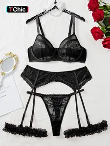 【 clothes haul Plus Size】 Floral Lace Sexy Lingerie Set, Sexy Push Up Bra & Thong & Garter Belt Set, Women's Lingerie & Underwear for All Seasons baddie clean girl style computer love bra Bra Sets