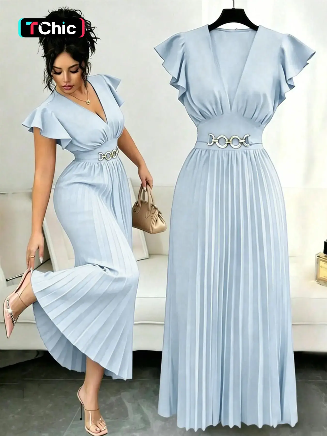 New V Neck Ruffle Sleeve Woven Solid Metal Decorative Button Pleated Design Chic Formal Elegant Young Valentine Party Vacation Cocktail Dress