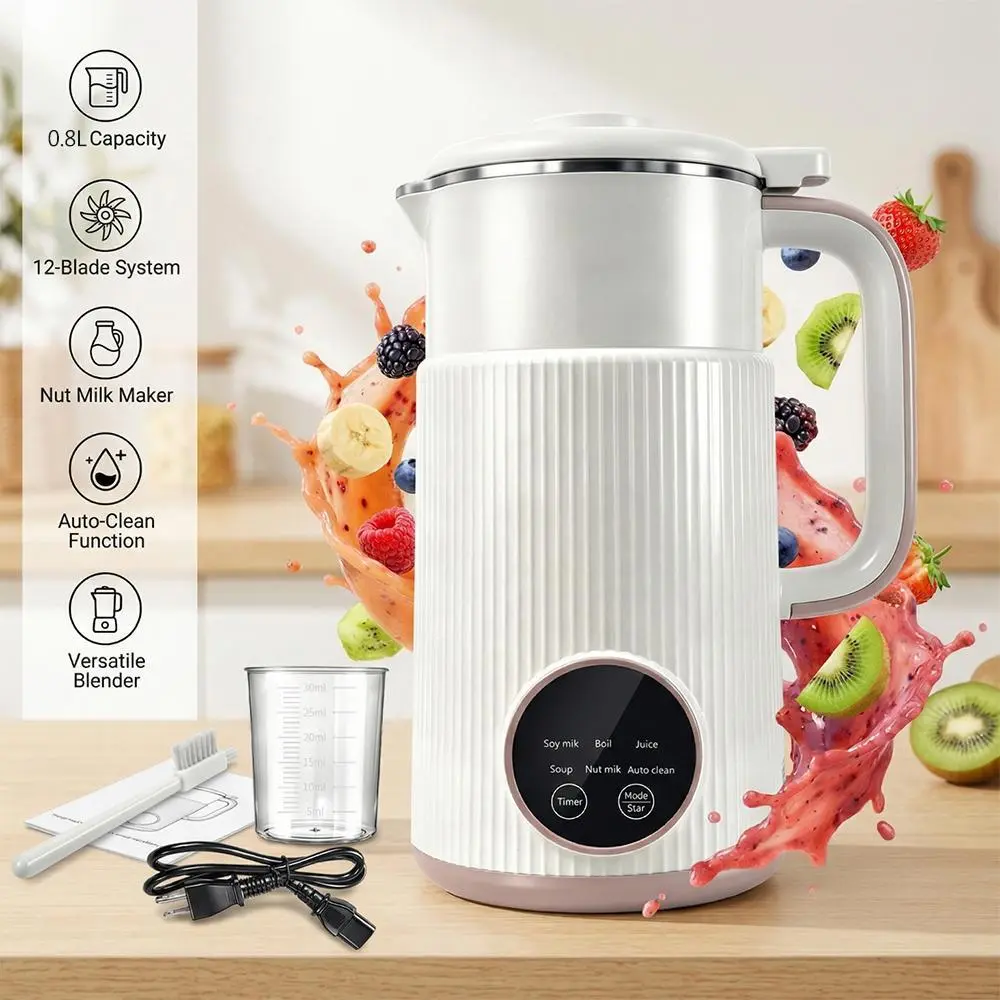 0.8L Nut Milk Maker - Corded Device, Single Small Size Instant Smoothie Maker with 12-Blade System, 1-Touch Auto-Clean, Boil Function, Blender for Shakes, Soy Milk & Hot Soups, Compact Family Kitchen Appliance