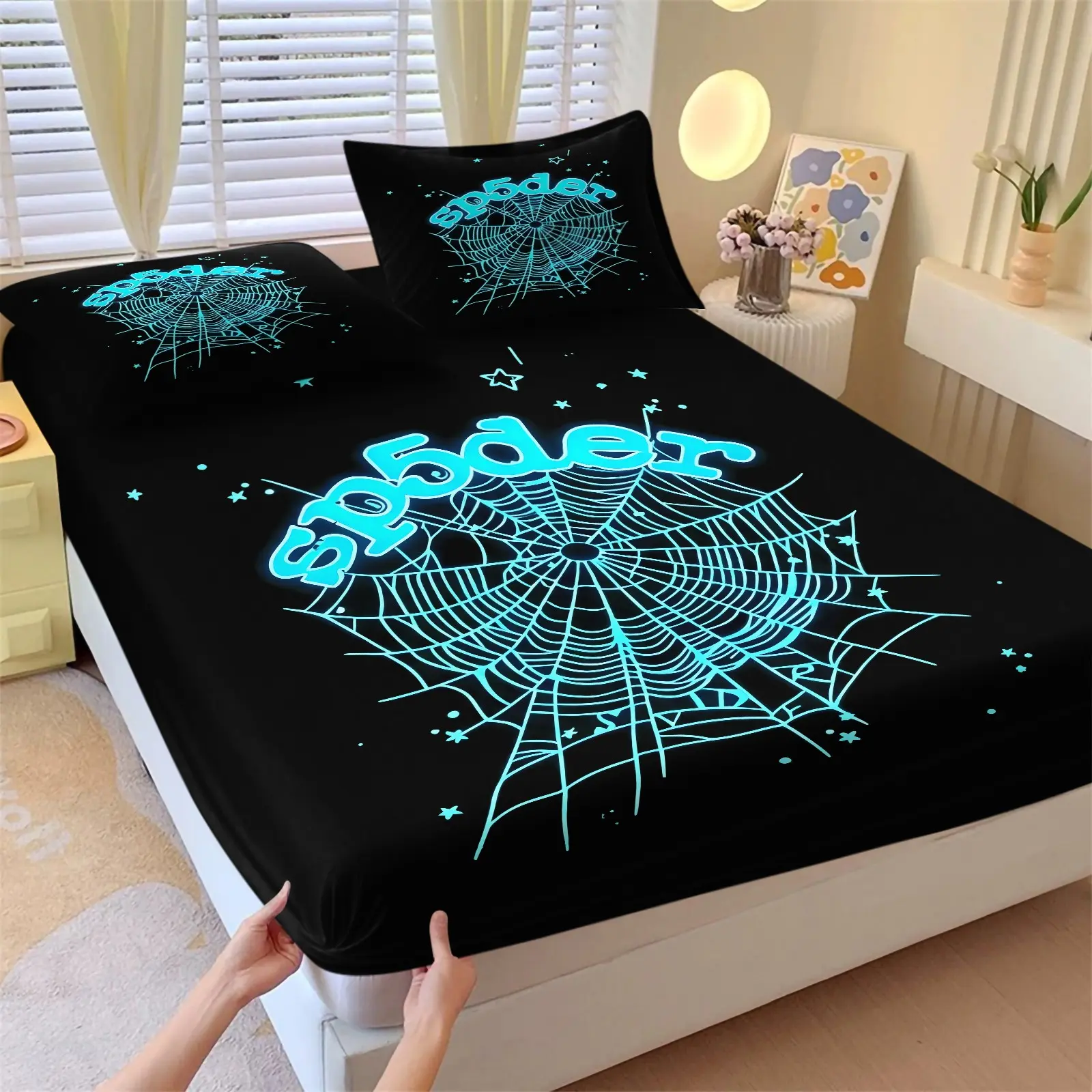 Black Base Fluorescent Blue Spider Web Print Fitted Sheet Set & 2 Pillowcases, Hip‑hop Street Design, Soft Non-Slip Deep Pockets, Teen Boys Bedroom Dorm Decor, Cool Dark Neon Spider Web Themed Bedding