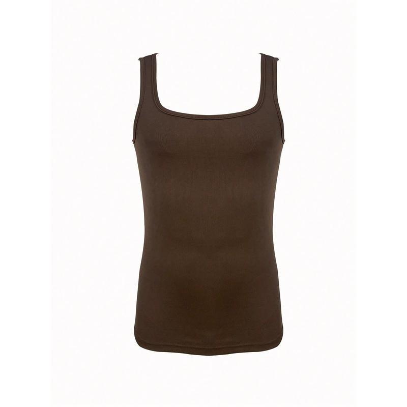 Men's solid color square-neck ribbed casual versatile tank top, men's clothing, brown socks, beige hem, stretch fabric, plain color