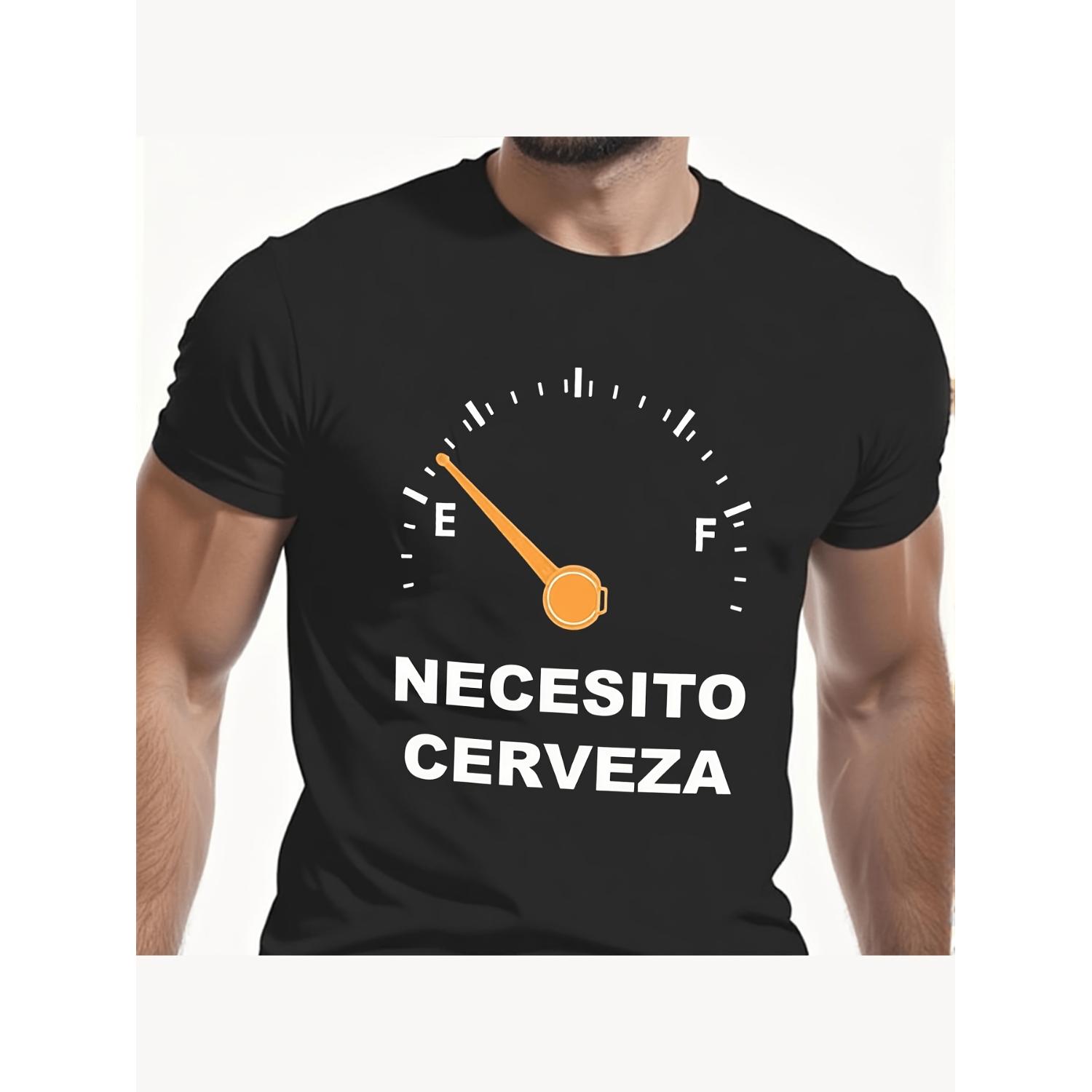 Men's Funny Spanish Beer T-Shirt - "NECESITO CERVEZA" (I Need Beer) Fuel Gauge & Spanish Slogan Print,  Casual Short Sleeve Shirt,Men's Solid Color Crewneck Tee for Gym & Casual