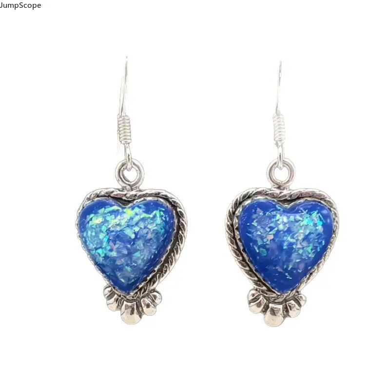 Women's Fashion Antiqued Silver Twisted Rope Bezel Iridescent Blue Flake Opal Heart-Shape Drop Dangle Hook Earrings - Western Boho Ethnic MDF+Steel Jewelry for Female Casual Daily Indoor Recreation Use