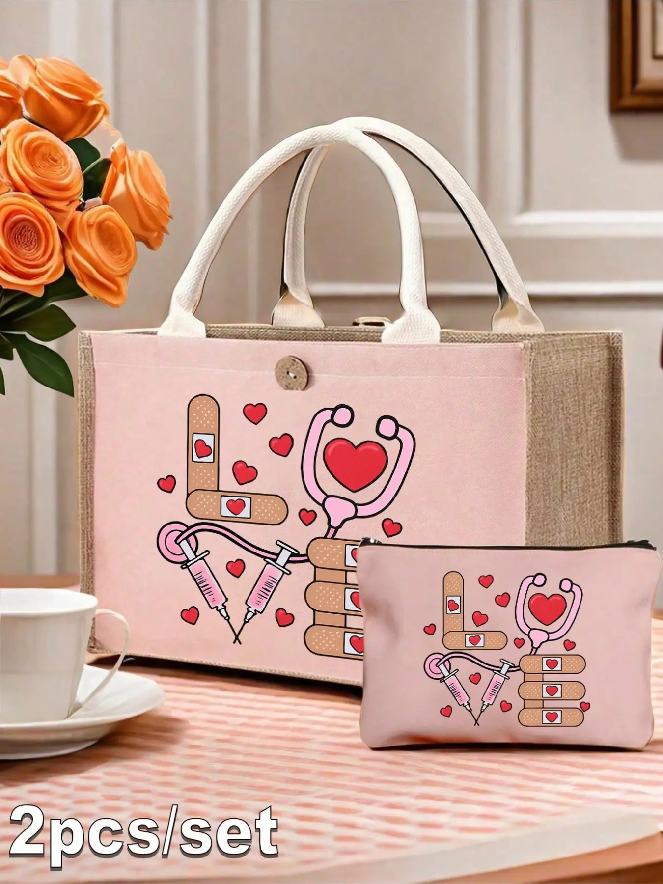 Pink nurse-themed tote & makeup pouch set. Adorned with heart, syringe and stethoscope prints. Lightweight, durable and unisex. Versatile for commute, travel, school and daily use. Great back-to-school and holiday gift.