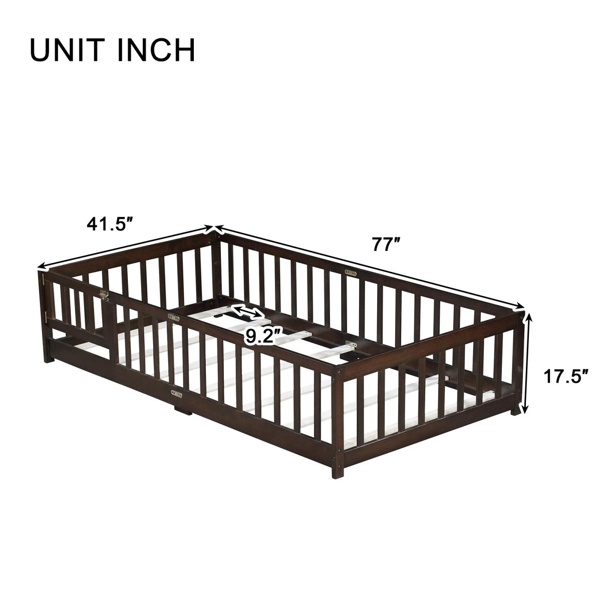Twin Size Floor Bed with Fence without Door, Twin/Full/Queen Size Bed Floor Bed with Safety Guardrails and Door,Twin/Full Size Montessori Floor Bed for Kids, Solid Wood Bed Frame with Fence, Door & Safety Guardrails, CPC Certified