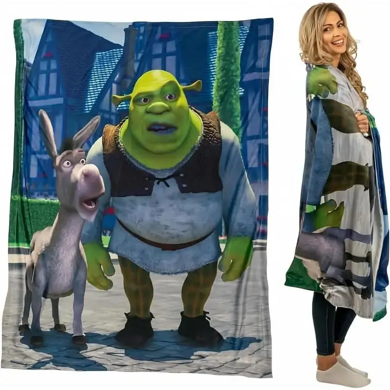 Shrek Donkey Medieval Village Full Scene Flannel Throw Blanket Classic Fairy Tale Two Character Movie Soft Warm Blanket Gift for Shrek Movie Fans Unisex Teens Adults