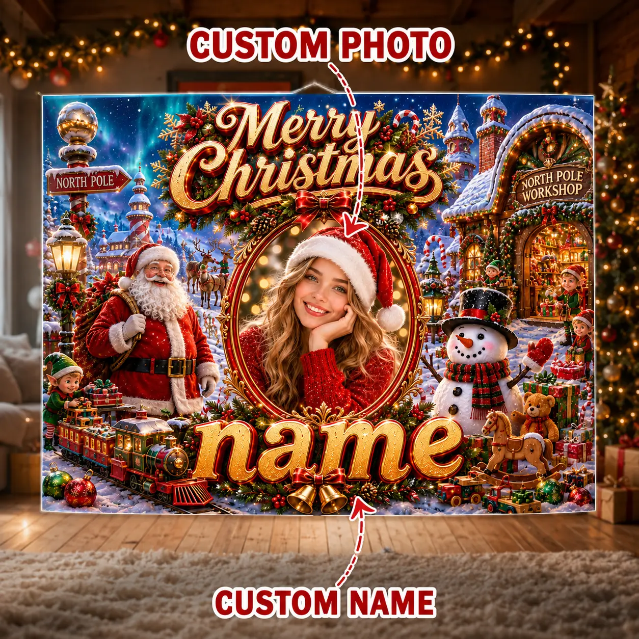 Personalized Christmas Workshop Backdrop with Photo and Name, Santa, Snowman, Elves, Toy Train and Gifts