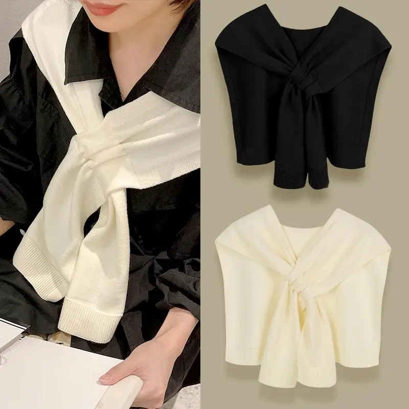 Korean Neck Guard Scarve Solid Color Woman's Knitted Cross Shawl Blouse Shoulders Fake Collar Cape Knotted Scarf