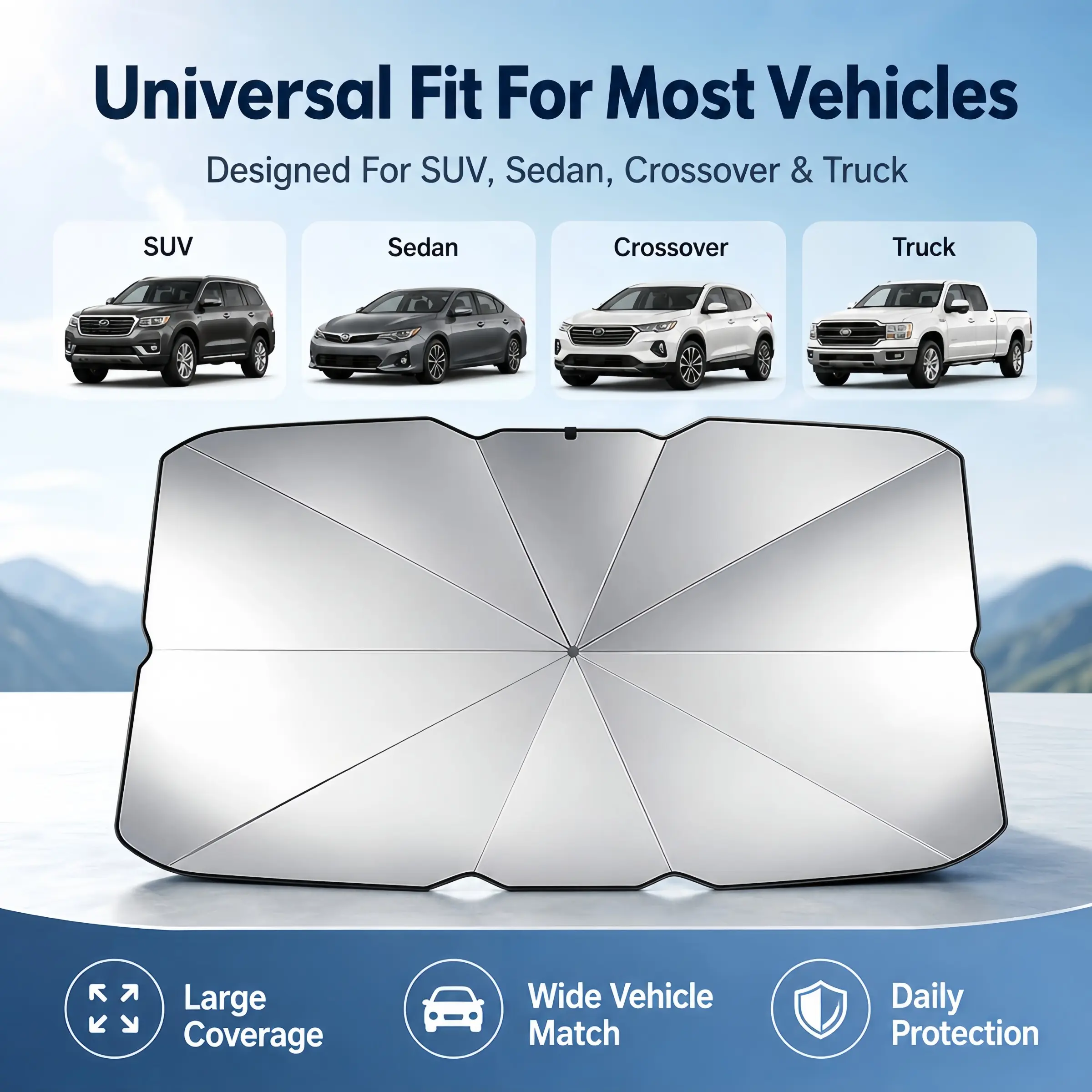 Portable Foldable Car Windshield Sunshade Umbrella, Sun Cover For Car Windshield, Car Sunshades For Windshield, Titanium Silver UPF50+, UV & Heat Protection, Universal Fit Front Window Sun Visor, Carry Pouch Included