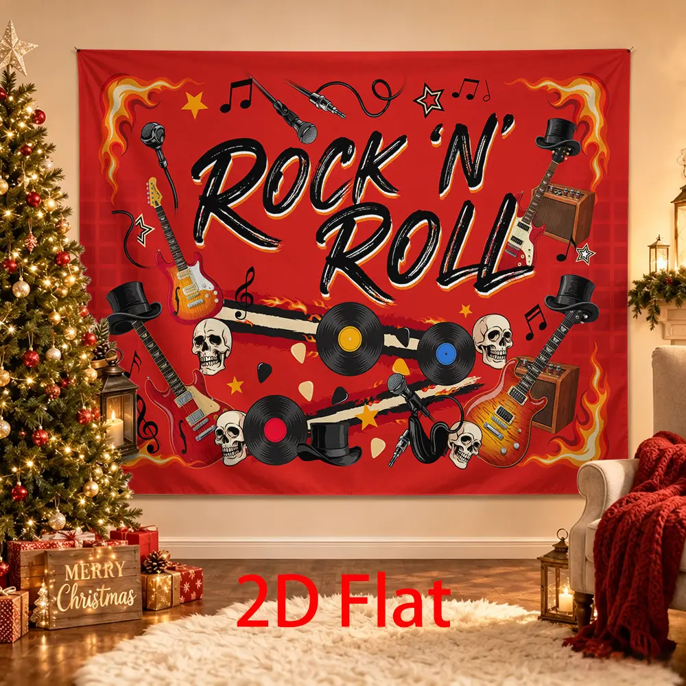 Rock N Roll Music Backdrop, Red Flame Guitar Vinyl Record Party Background, Retro Concert Photo Booth Decoration