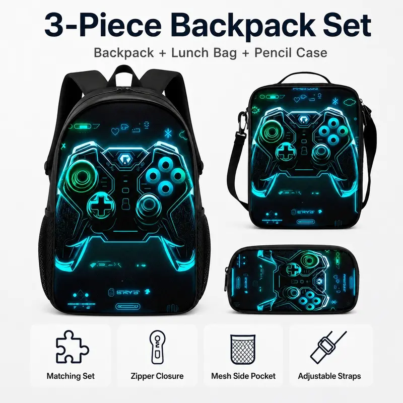 3PCS Game Controller Backpack Set - Bright blue and black, lightweight polyester backpack, comes with a lunch bag and storage bag, hand washable, zipper closure, perfect for travel or outings |     Game Theme Design