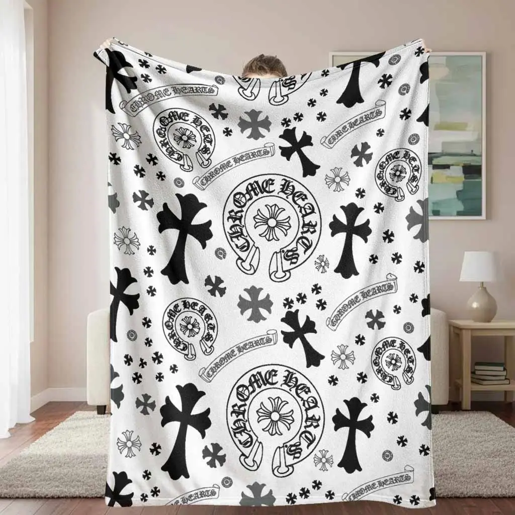 Gothic Cross Flannel Blanket - Flannel Fabric, Black White Vintage Floral Cross Motif, Fading Resistance, Soft Cozy Lightweight Warm Plush, for Living Room, Home & Travel, Sofa Bedroom Gift Home Decor