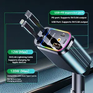Starry Sky Car Charger 120w Super Fast Charging, Extendable Cable, Four-In-One, USB Port, Car Cigarette Lighter Socket