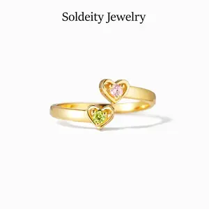 Double Heart Open Birthstone Ring for Women Cubic Zirconia Love Heart Wrapping Ring Sterling Silver Adjustable Stacking Rings Personalized Custom Jewelry Fashion Jewelry