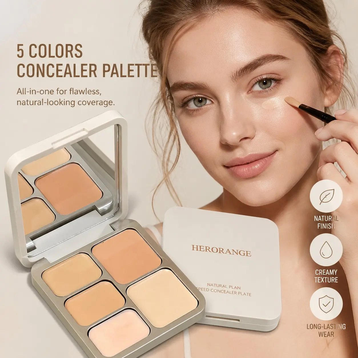 HERORANGE 5-color concealer palette, covers acne marks, dark circles, and spots, smooth and moisturizing without creasing, effectively brightens the facial complexion, beginner-friendly, Creaseless Creamy Concealer
