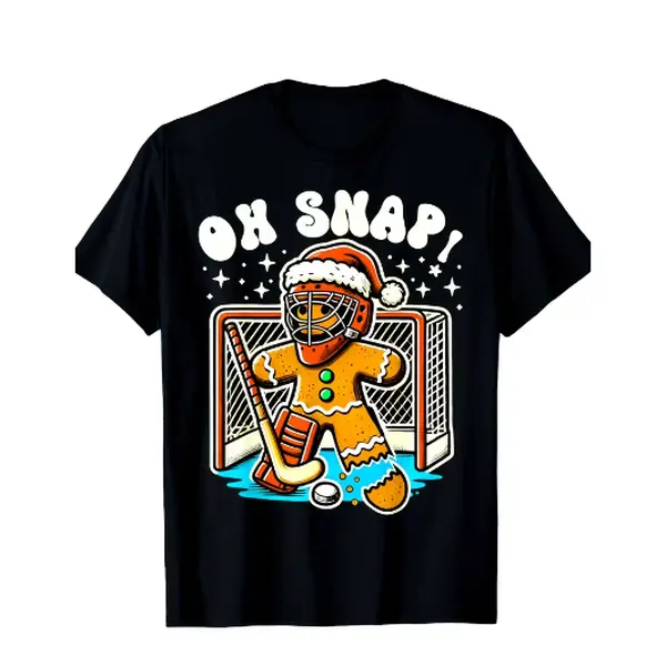 Oh Snap! Hockey Goalie Gingerbread for Man Funny Christmas T-Shirt -Cotton Crew Neck Short Sleeve, Machine Washable, Comfortable Casual Tee for Men, All-Season Wear, Holiday Gift Idea, Casual Wear Hockey T Shirt