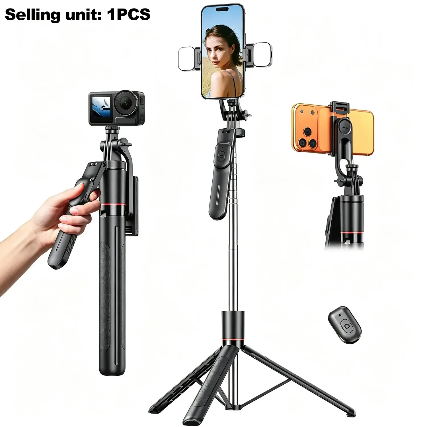 Selfie Stick Tripod with Remote Control, Phone Holder and 1/4 Inch Screw, Expandable Travel Essential Tripod for Phones, Cameras, Video Recording
