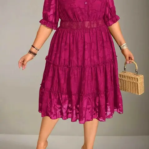 Women's Plus Size Elegant Collared Chiffon Lightweight Shirred Ruched Midi Dress, Casual Loose-Fit Short Sleeve All-Season Woven Dress