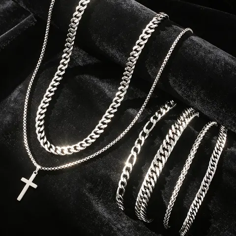 Men's Fashion Stainless Steel Jewelry Set, Necklace And Bracelet Set, Casual Hip-Hop Style Cross Pendant Necklace & Cuban Chain Bracelet for Parties & Daily Wear, Ideal Birthday Gift, Accessory Set