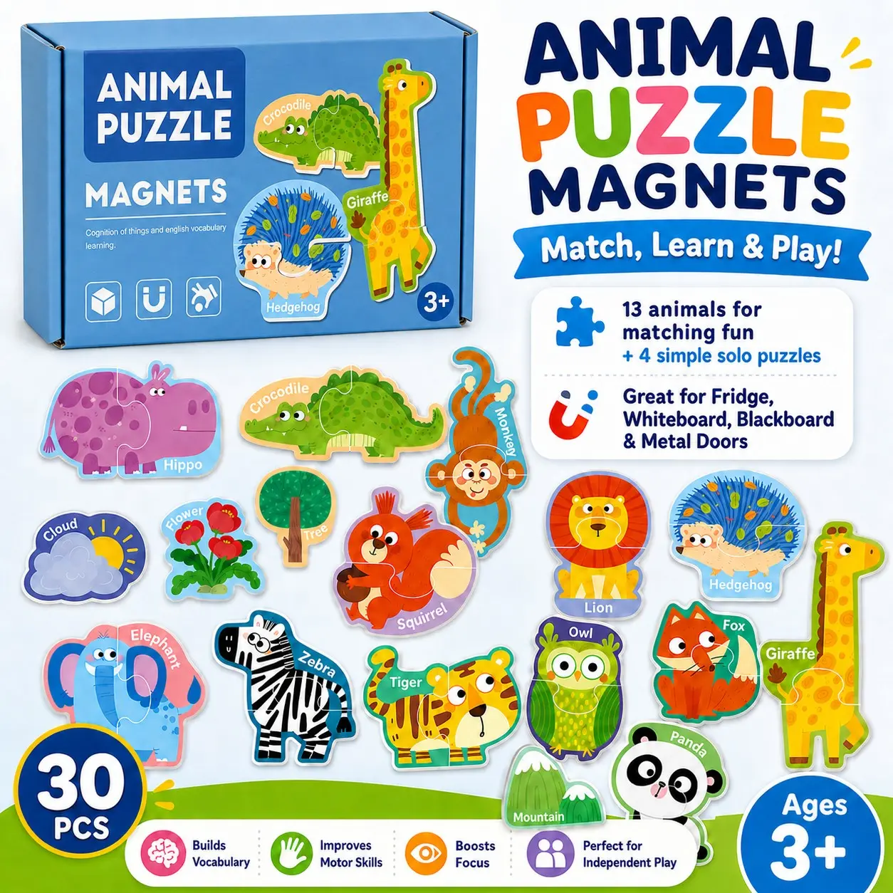 30-Piece Wildlife Magnetic Cartoon Puzzle Cute Magnets for Fridge, Animal Recognition Board, Early Education Toy, Educational, Cute Animals, for Kids, Teachers, Adults