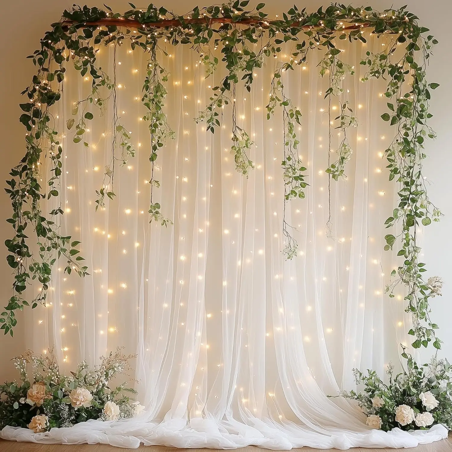 10x8ft White Tulle Backdrop Curtain with Lights, Wrinkle-Free Sheer Wedding Backdrop for Birthday Parties,  Showers, Bridal Showers, Photo Shoots and  Decorations, White