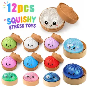 Glitter Dumpling Squishy with Steamer Box,Dumpling Squishy Toys for Kids,Soft Sensory Fidget Steamed Bun Squeeze Tool，Anxiety Stress Relief Sensory Fidget Gift Soft Squeeze Decompression Dough Toy Cute Office Desk Decor Portable Stress Relief Toy
